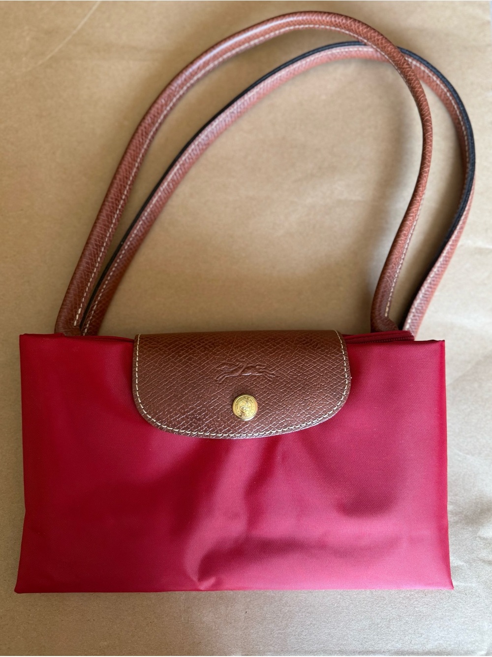 Longchamp Red Nylon Le Pliage Large Tote with Brown Leather Trim - Picture 2 of 5